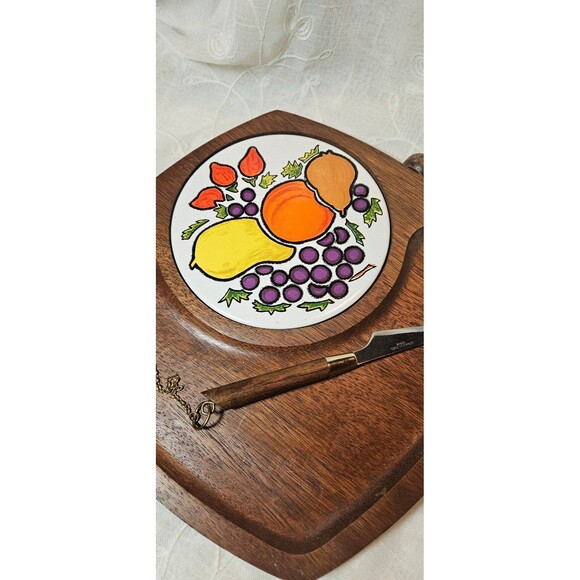 Vintage Gail Craft 70's Wood Cutting Board/Serving/Cheese Tray Attached Knife - Picture 3 of 5